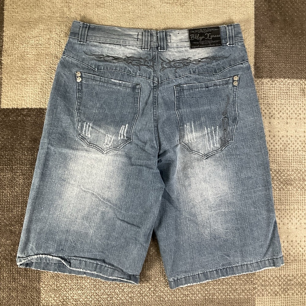 Y2K Brooklyn Express Xpress Baggy Tribal Flame Embroidered Jorts Mens 38‎ Blue